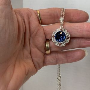 Silver with Dark Blue and Clear Rhinestones Necklace and Earring Set